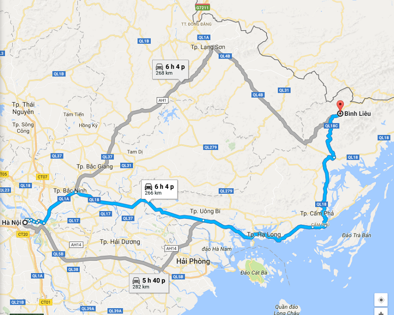 These are the roads that you can get to Binh Lieu from Ha Noi